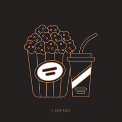 Popcorn snack and drink in flat style. Vector illustration. Brown and white color with outline concept.