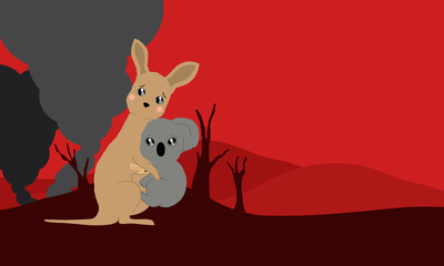 Kangaroos and koalas cartoon vector for bushfire concept