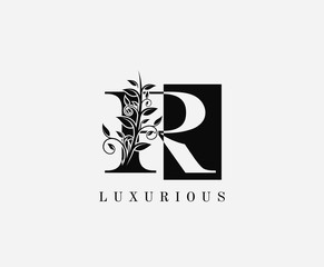 R Letter Luxury Vintage Logo. Minimalist R With Classy Leaves Shape design perfect for fashion, Jewelry, Beauty Salon, Cosmetics, Spa, Hotel and Restaurant Logo. 