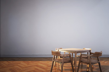 Dining area on wood floor & white wall background. 3D illustration