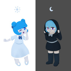 Cute Anthropomorphic Light Mode and Dark Mode Chibi Girls Illustration