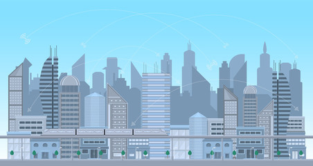 urban landscape contemporary large modern building and network connection internet on top sky. concept city Vector illustration