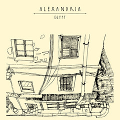 Old house in Alexandria, Egypt, North Africa. British colonial architecture. Hand-drawn vintage book illustration, postcard or poster