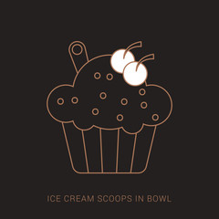 Ice cream scoops in bowl flat design. Brown and white color with outline concept.