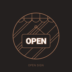 Vector open door sign. Label with text in flat style. Brown and white color with outline concept.