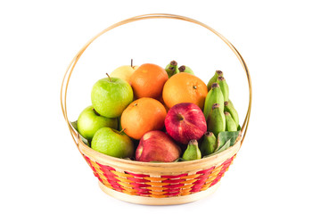orange, Chinese pear, banana, red apple and green apple in wicker basket on white background fruit health food isolated