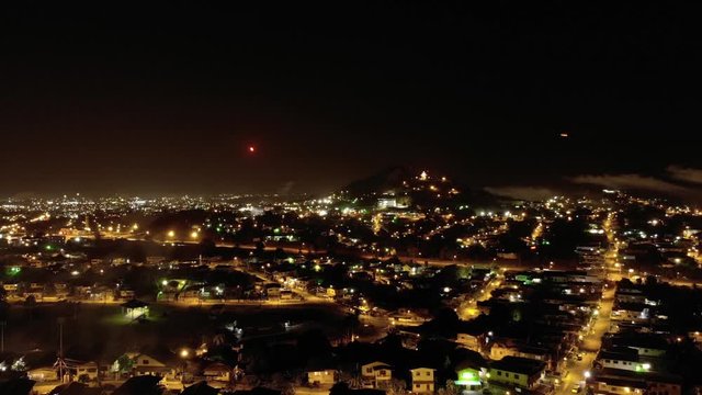 Aerial timelapse of fireworks over the city of San Fernando on the Southern Caribbean city of Trinidad and Tobago