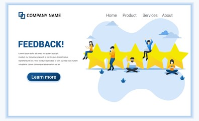 Custumer review rating concept with people near big stars give review rating and feedback via smartphone and laptop. Can use for web banner, landing page, web template. Vector illustration
