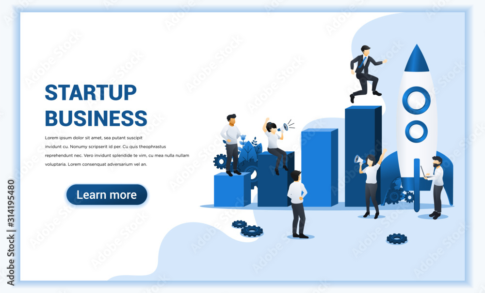 Poster start up business concept. businessman running to rocket and move up to their goal. can use for web 