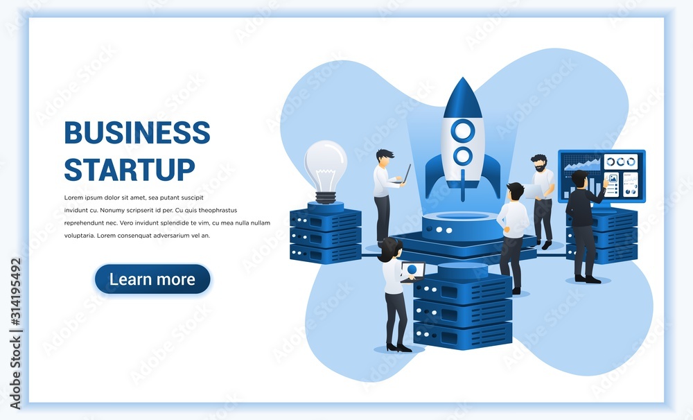 Aufkleber start up business concept. people are working on rocket getting ready for a launch new start up busi