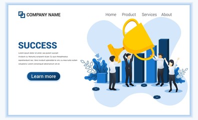 Successful business concept. People celebrating success with hold giant golden winner cup trophy. Can used for web banner, infographics, landing page, web template. Flat vector illustration