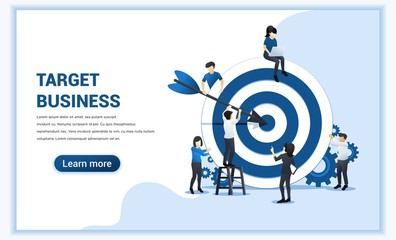Fototapeta na wymiar Business web banner concept design. People put darts on the dartboard. target with an arrow, hit the target, goal achievement. Flat vector illustration
