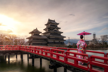 Young asian woman wearing Kimono Japanese tradition dressed sightseeing at Matsumoto Castle during...