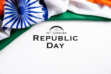 Indian republic day concept. Indian flag with the text Happy republic day against a white background. 26 January.