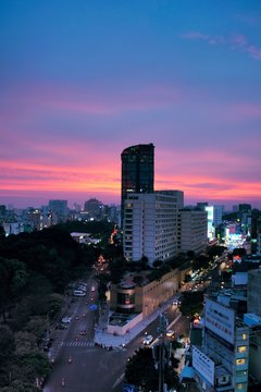 Dramatic twilight sky over the skyline of Saigon (Ho Chi Minh City), Vietnam.