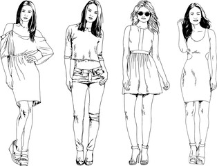 vector drawings on the theme of beautiful slim sporty girl in casual clothes in various poses painted ink hand sketch with no background	