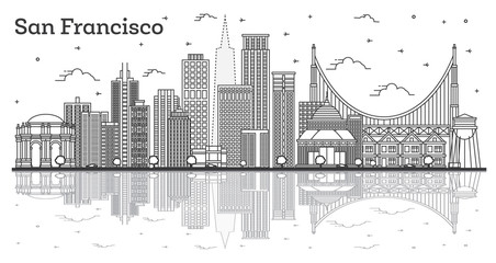 Outline San Francisco California City Skyline with Modern Buildings and Reflections Isolated on White.