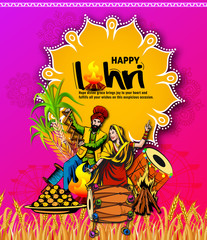 Punjabi festival of lohri celebration bonfire background with wishes of Happy Lohri