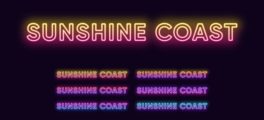 Neon Sunshine Coast name, city in Australia. Neon text of Sunshine Coast city