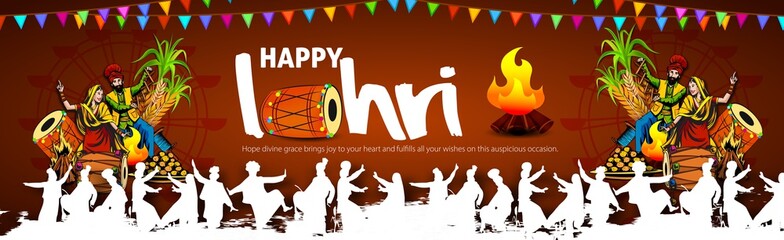 Punjabi festival of lohri celebration bonfire background with wishes of Happy Lohri