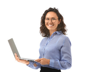 Portrait of businesswoman with laptop on white background