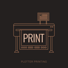 Large format full color latex printer plotter flat vector illustration. Brown and white color with outline concept.