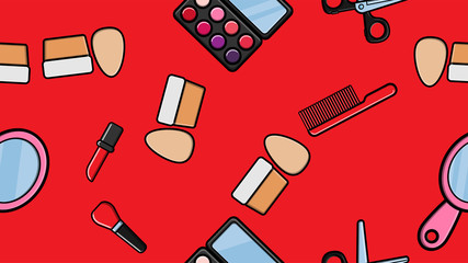 Endless seamless pattern of beautiful beauty items of female glamorous fashionable powders, lipsticks, varnishes, creams, cosmetics on a red background. Vector illustration