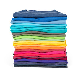 Stack of colorful t-shirt isolated on white background. File contains a path to isolation.