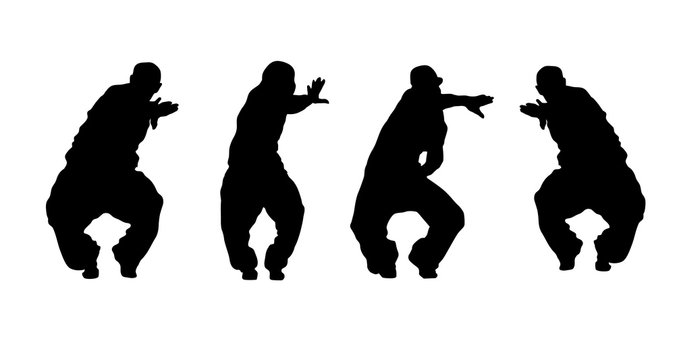Vector illustration silhouettes of expressive people dancing dancing. Funk, hip hop, rapper lettering about home dancing. Dancer.
