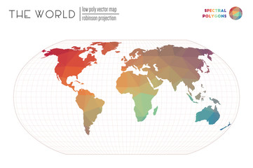 Low poly design of the world. Robinson projection of the world. Spectral colored polygons. Awesome vector illustration.