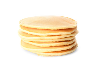 Stack of tasty pancakes on white background