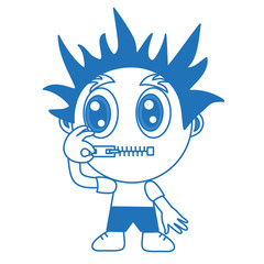 boy keeps his mouth shut by closing the zipper with his hand, funny cartoon character with simplistic facial expression, emoticon simple vector illustration 