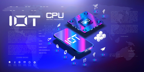 Futuristic microchip processor for mobile phone and IOT. Concept for connecting mobile devices to the global Internet network with displayed isometric icons