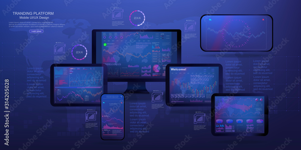 Poster laptop with management and data analysis. template for web applications and presentations. modern ma