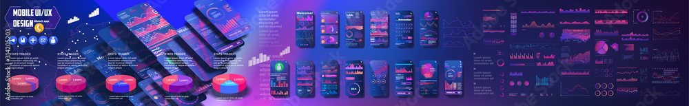 Poster mobile screens ui, ux, gui with big set of graphical user interfaces for mobile applications. flat w