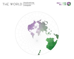 World map with vibrant triangles. Stereographic of the world. Purple Green colored polygons. Energetic vector illustration.