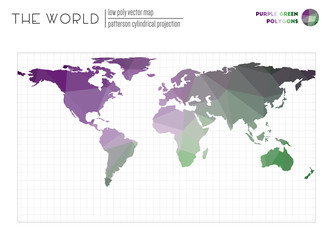 Abstract world map. Patterson cylindrical projection of the world. Purple Green colored polygons. Energetic vector illustration.