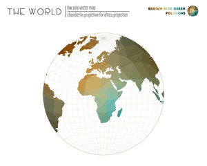 World map in polygonal style. Chamberlin projection for Africa projection of the world. Brown, Blue, Green colored polygons. Trending vector illustration.