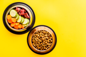 Healthy feed for cats and dogs. Bowls full of dry feed, meat and vegetables on yellow background top-down copy space