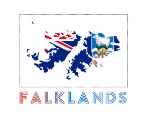 Obraz na płótnie Canvas Falklands Logo. Map of Falklands with country name and flag. Charming vector illustration.