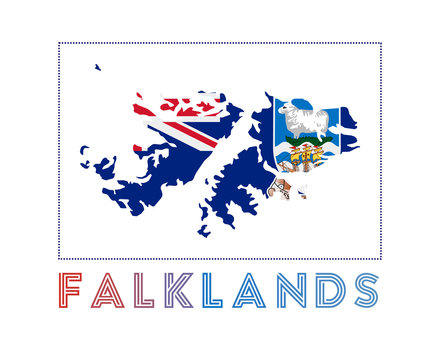 Falklands Logo. Map of Falklands with country name and flag. Charming vector illustration.