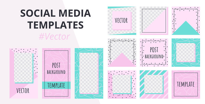 Set of modern editable template for social networks stories and posts. Trendy pink social media pack in memphis style. Summer mockup for advertising. Vector illustration