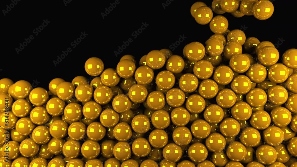 Poster computer generated animation many gold balls fall on top and fill the entire screen. 3d rendering of