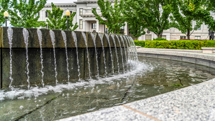 Panorama frame Water fountain with clear trickling water at Utah State Capitol Building