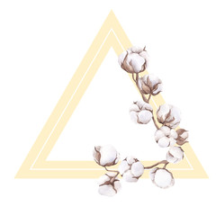 Frame with watercolor hand draw branches of cotton end eucalyptus, isolated on white background