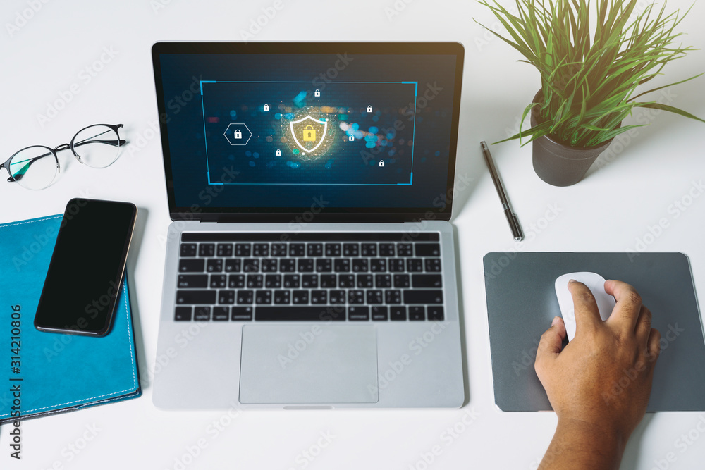 Poster laptop computer with data protection, cyber security, information safety and encryption concept. int