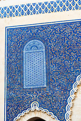 Bab Bou Jeloud gate (The Blue Gate), Fez, Morocco. Close-up. Vertical.