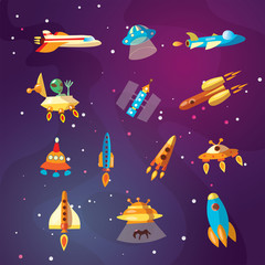 Naklejka premium Cute cartoon space explorer, astronomy science and UFO vector set. Lunar rover, rockets, space sheeps and shuttle, aliens. Space equipment, rockets and shuttles collection for kids