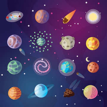 Cute vector cartoon collection of fantasy planets, moon, satellites and fantastic space objects on cosmos background with starry sky. Colored fantasy planets with sattelites. Funny cartoon style.