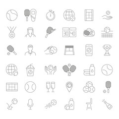Set of vector line icons and symbols in flat design tennis with elements for mobile concepts and web apps. Collection of tennis stuff, ball, racket, equipment, court, medal, competition infographic.